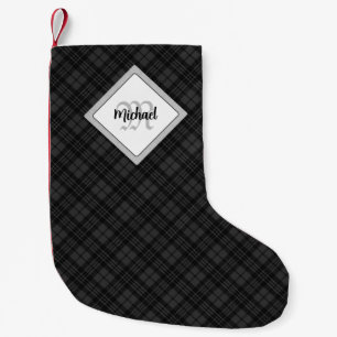Trendy Schwarz-weiß tartan Personalize Monogram Kleiner Weihnachtsstrumpf