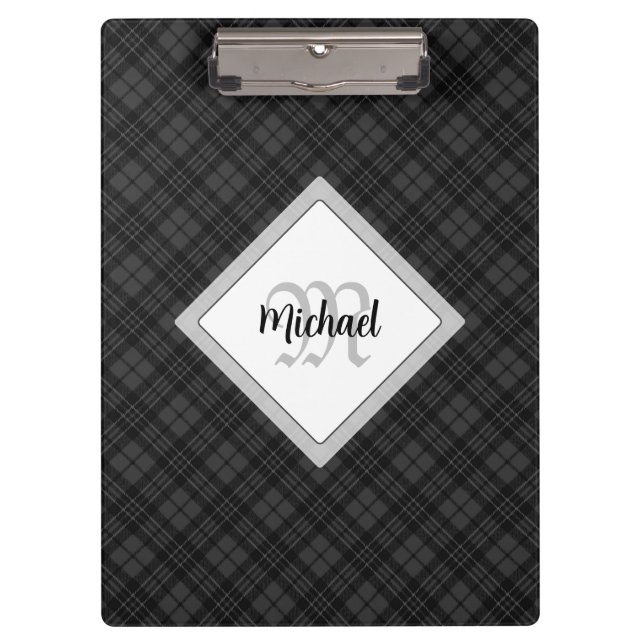 Trendy Schwarz-weiß tartan Personalize Monogram Klemmbrett (Vorderseite)