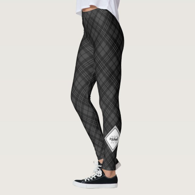 Trendy Schwarz-weiß tartan Personalize Monogram Leggings (Links)