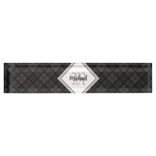 Trendy Schwarz-weiß tartan Personalize Monogram Namensplakette (Vorderseite)