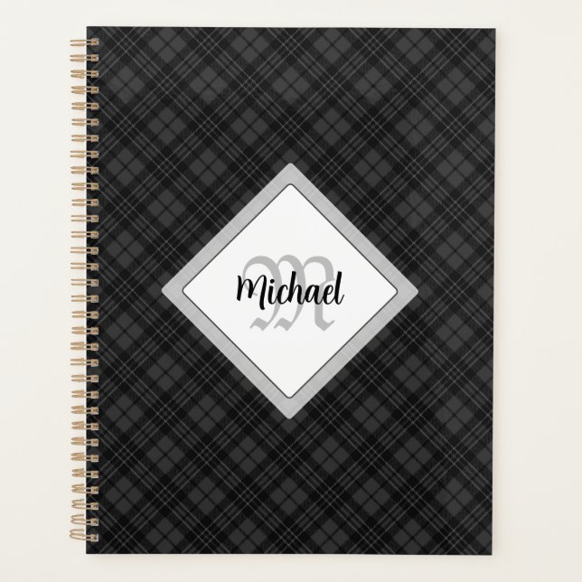 Trendy Schwarz-weiß tartan Personalize Monogram Planer (Vorderseite)