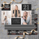 Trendy Schwarz-weiße FotoCollage 21. Geburtstag Geschenkpapier Set<br><div class="desc">Schreib diese Geschenke stilvoll mit diesem koordinierten Geburtstagspapier-Pack zusammen. Das erste Blatt weist ein trendiges Collage Design aus Foto auf, das Platz für drei Fotografien bietet. Sie können den Namen der Person, die ihren Geburtstag feiert, sowie ihr Alter und ihr Geburtstag hinzufügen. Das zweite Blatt ist ein koordinierender schwarz-weißer Streifen....</div>