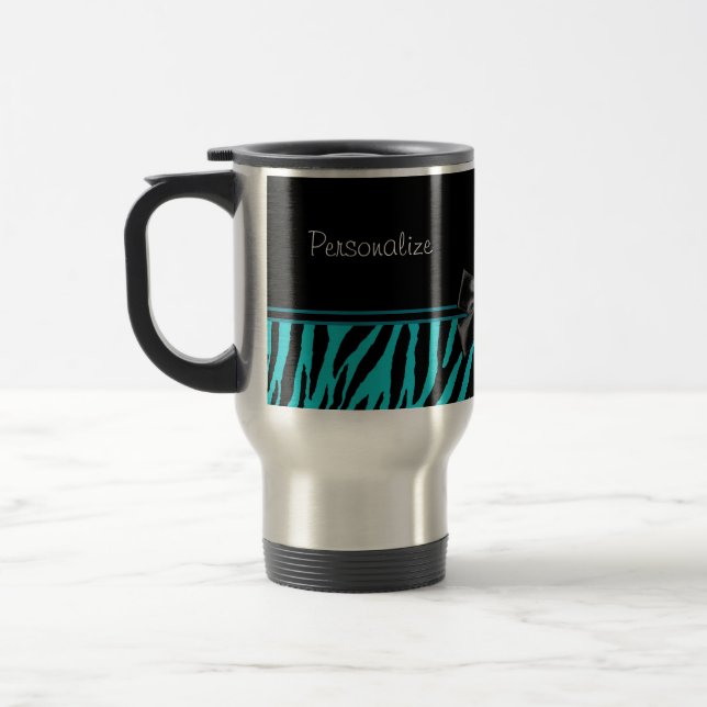 Trendy schwarzer und aquamariner Zebra-Druck mit Reisebecher (Links)