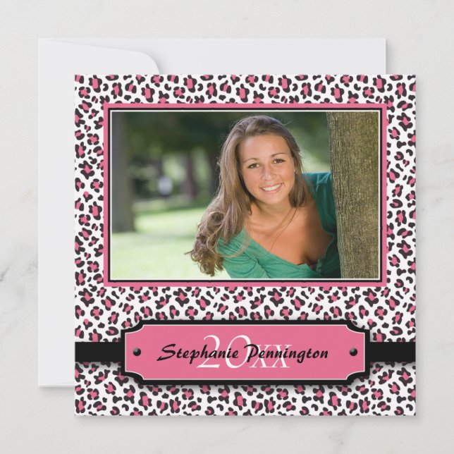 Trendy schwarzes rosa Cheetah-Abschluss-Foto-Party Einladung (Vorderseite)