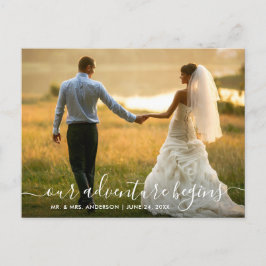 Trendy Script Adventure Begins Wedding Vielen Dank Postkarte