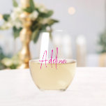 Trendy Script Custom Name Wedding Bridesmaid Favor Weinglas Ohne Stiel<br><div class="desc">Celebrate your girl's big day with these bubbly-licious besties sets, personalized with your names in trendy pink script like mini works of art. Every sip whispers "Cheers to forever friendships & happily ever afters! Perfect as bridesmaid proposals, bachelorette parties, matching wedding gifts for bride and groom, or just a unique...</div>