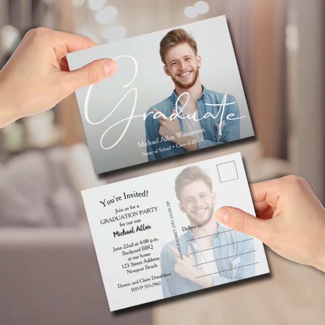 Trendy Script Foto Abschluss Save the Date Postkarte (Trendy Script Photo Graduation Save the Date Postcards)