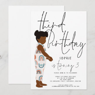 Trendy Script Girl Rainbows Dark Hair 3. Geburtsta Einladung