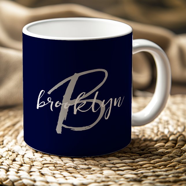 Trendy Script Monogram Navy Blue Gray White Kaffeetasse (Von Creator hochgeladen)