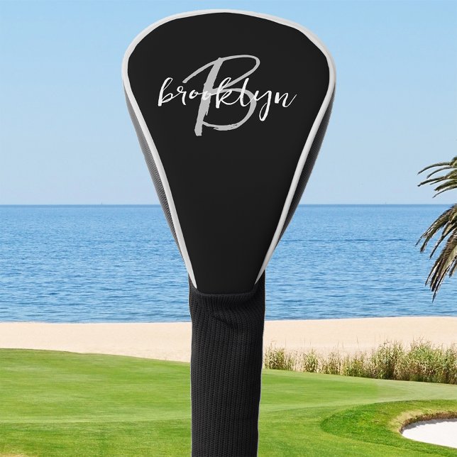 Trendy Script Monogram Schwarz-weiß Grau Golf Headcover (Von Creator hochgeladen)