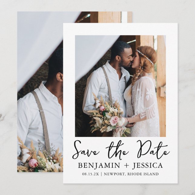 Trendy Script Two Foto Wedding Save the Date (Vorne/Hinten)
