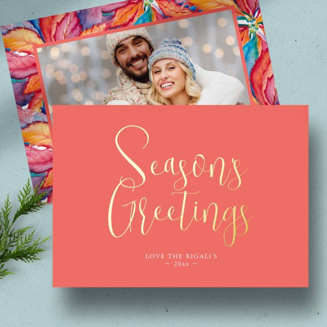Trendy Season's Greetings Foto Folien Feiertagskarte (Seasons Greetings unique holiday photo card watercolor poinsettia art by Victoria Grigaliunas)