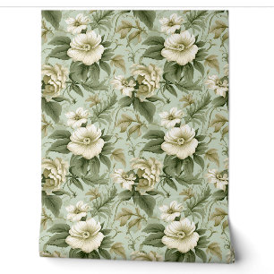 Trendy Shabby Chic Blumengrün und Elfenbein Rose Tapete