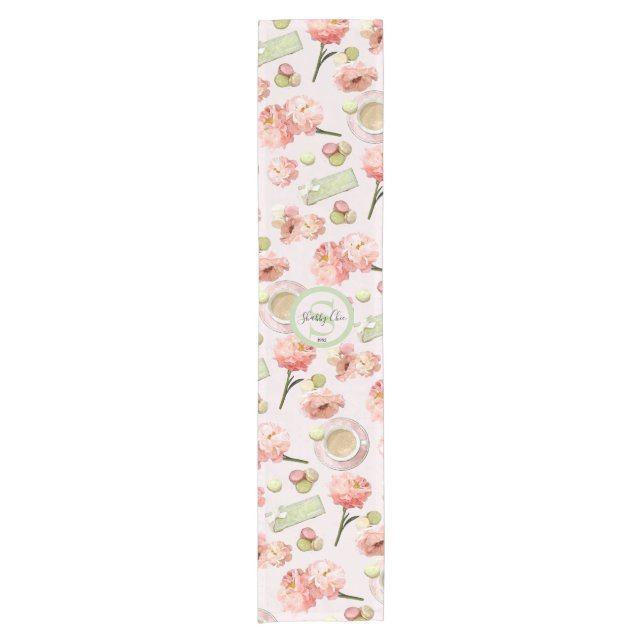 Trendy Shabby Chic Peonies and Macarons Set Kurzer Tischläufer (Vorderseite)