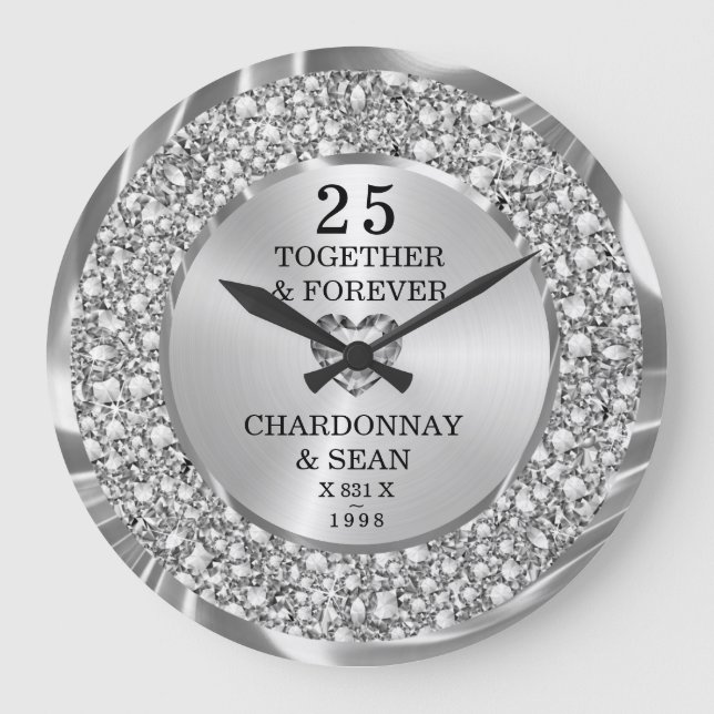  Trendy Silver Diamonds 25th Anniversary  Große Wanduhr (Vorderseite)