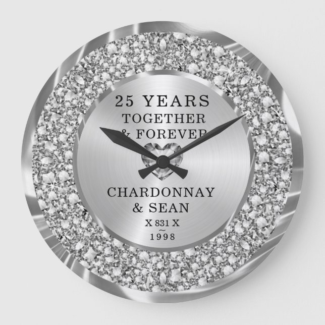 Trendy Silver Diamonds 25th Anniversary Large Cl Große Wanduhr (Vorderseite)