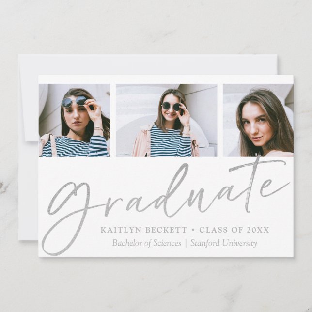 Trendy Silver Foil Script 3 Foto Abschluss Ankündigung (Vorderseite)