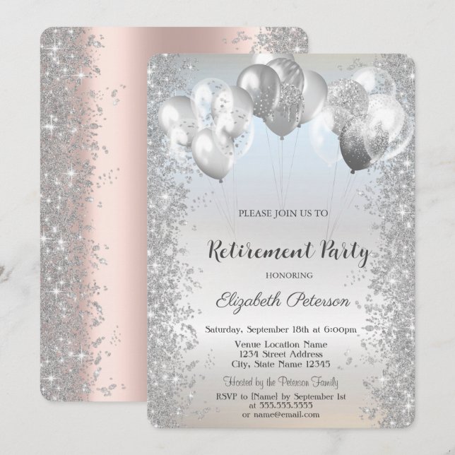 Trendy Silver Glitzer Confetti Balloons Retirement Einladung (Vorne/Hinten)