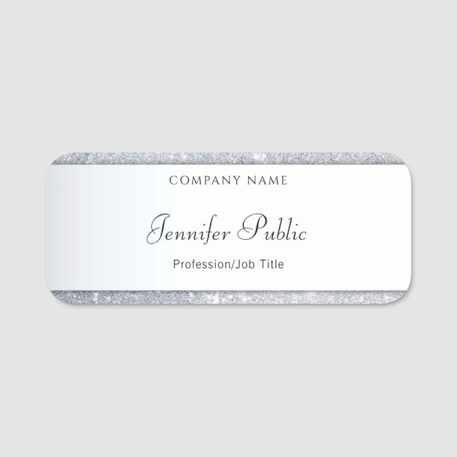 Trendy Silver Glitzer Elegantes Kalligrafiefasern Namensschild (Vorderseite)