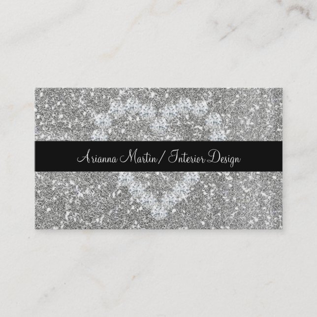 Trendy Silver Glitzer Funkelnd Diamond Heart Visitenkarte (Vorderseite)