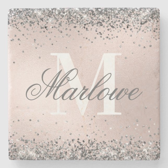 Trendy Silver Glitzer Metallisches Rosa Monogramm Steinuntersetzer (Vorderseite)