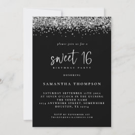 Trendy Silver Glitzer Sweet 16 Birthday Black Einladung
