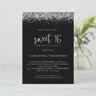 Trendy Silver Glitzer Sweet 16 Birthday Black Einladung