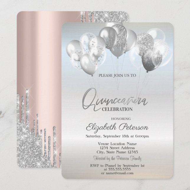 Trendy Silver Glitzer Tropfen Balloons Einladung (Vorne/Hinten)