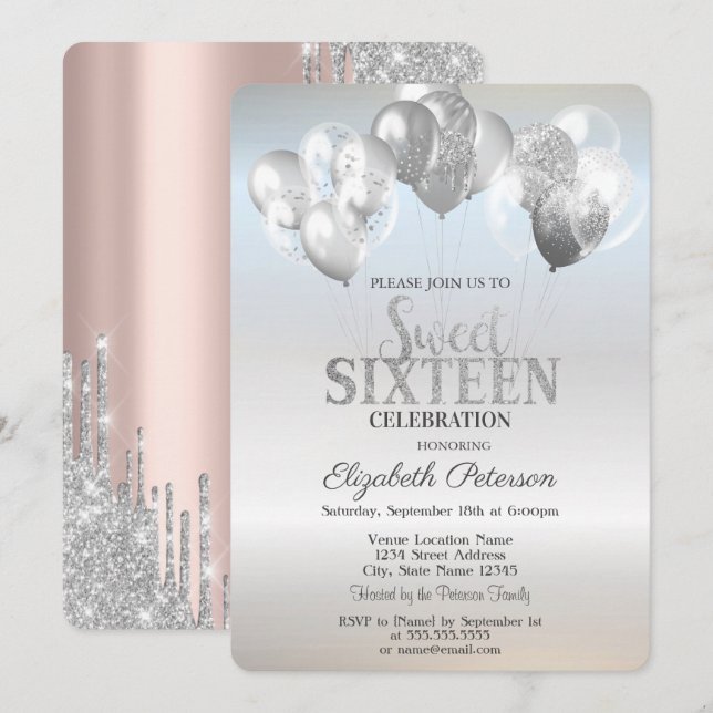 Trendy Silver Glitzer Tropfen Balloons Sweet 16 Einladung (Vorne/Hinten)