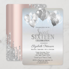 Trendy Silver Glitzer Tropfen Balloons Sweet 16 Einladung