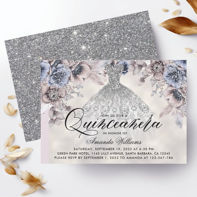 Trendy Silver Gown Floral Foto Quinceañera Einladung (Von Creator hochgeladen)