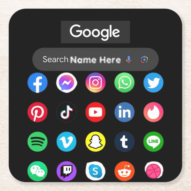 Trendy Social Media Icons Google Search Bar Black Rechteckiger Pappuntersetzer (Vorderseite)