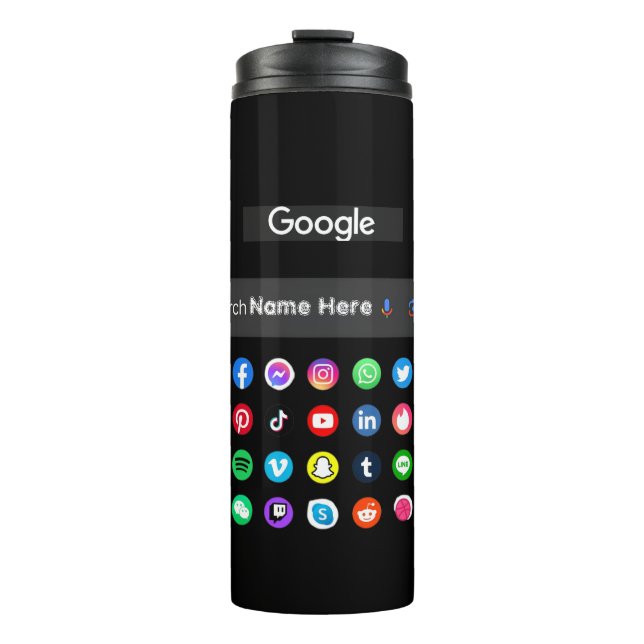 Trendy Social Media Icons Google Search Bar Black Thermosbecher (Vorderseite)