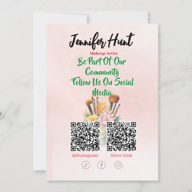 Trendy Social Media QR Code Makeup Artist Einladung (Vorderseite)