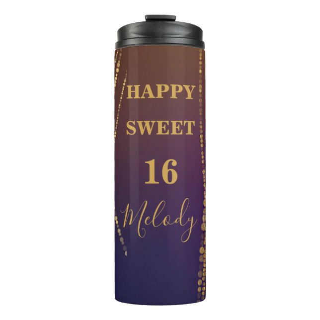 Trendy Sparkling Golden Burgundy Happy 16 Geburtst Thermosbecher (Vorderseite)