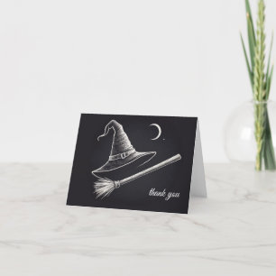 Trendy Spooky Halloween Hexenhut und Besen schwarz Dankeskarte