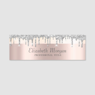 Trendy, Streifen, Silber Glitter Tropfen, Roségold Namensschild