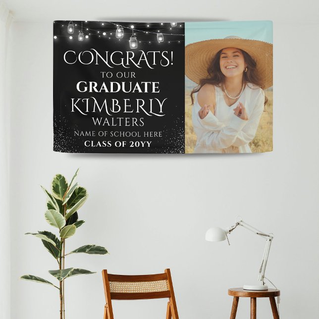 Trendy String Lights Foto Graduation Party Banner (Von Creator hochgeladen)