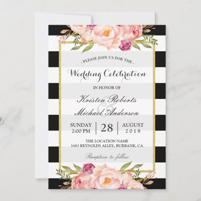 Trendy Stripes Floral Gold Hochzeit Einladung (Vorderseite)
