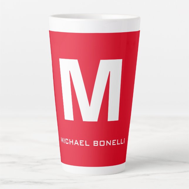 Trendy stylische rote weiße Monogramm Ihren Namen Milchtasse (Vorderseite)