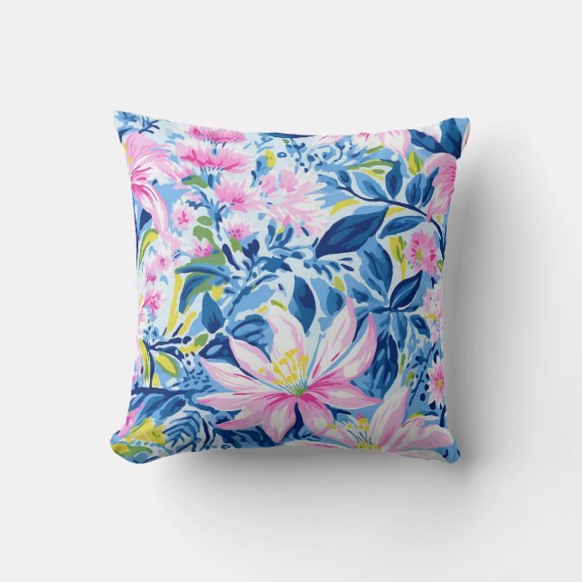 Trendy Stylish Blue Pink Lilly Floral Muster Kissen (Vorderseite)