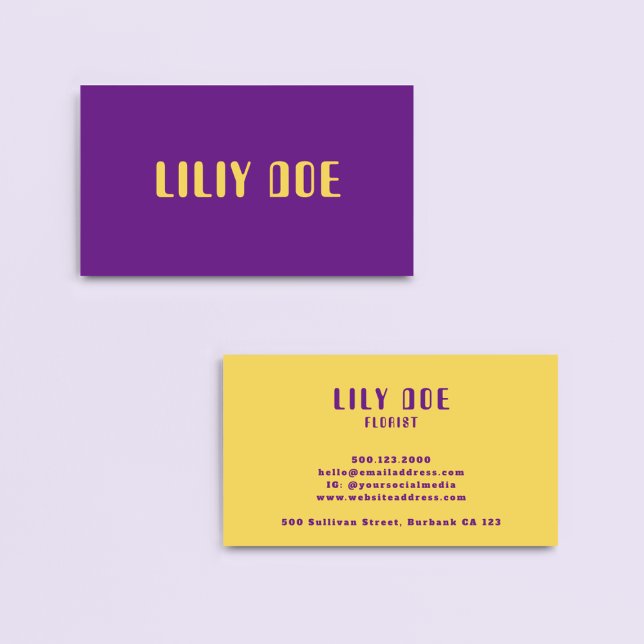 Trendy Stylish Lila & gelb Mustard Typografie Visitenkarte (Von Creator hochgeladen)