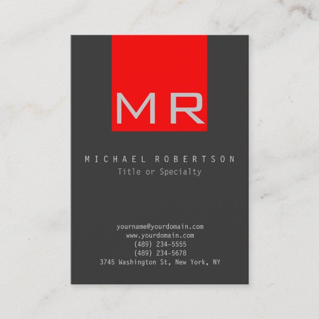 Trendy Stylish Monogram Gray Red Business Card Visitenkarte (Vorderseite)