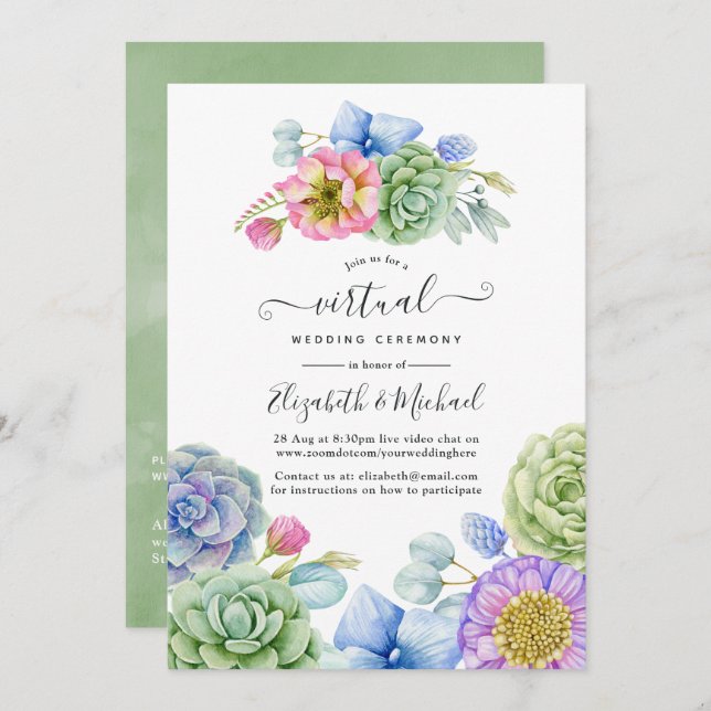Trendy Succulent floral Online Virtual Wedding Einladung (Vorne/Hinten)