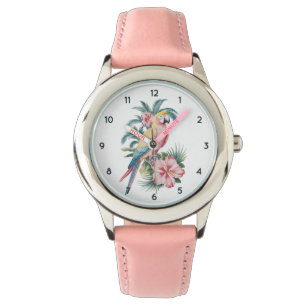 Trendy Summer Beach Parrot und Hibiskus Blume Armbanduhr