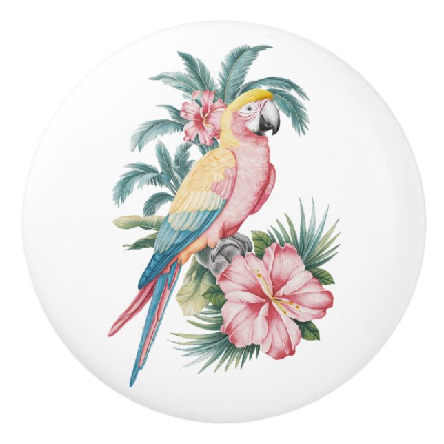 Trendy Summer Beach Parrot und Hibiskus Blume Keramikknauf (Vorderseite)