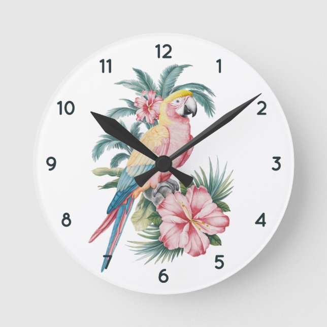 Trendy Summer Beach Parrot und Hibiskus Blume Runde Wanduhr (Vorderseite)