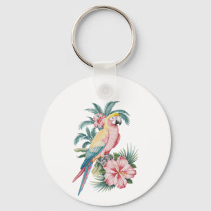Trendy Summer Beach Parrot und Hibiskus Blume Schlüsselanhänger