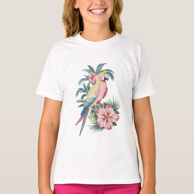 Trendy Summer Beach Parrot und Hibiskus Blume T-Shirt (Vorderseite)
