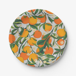 Trendy Summer Orange Citrus Frucht Blossom Muster Pappteller